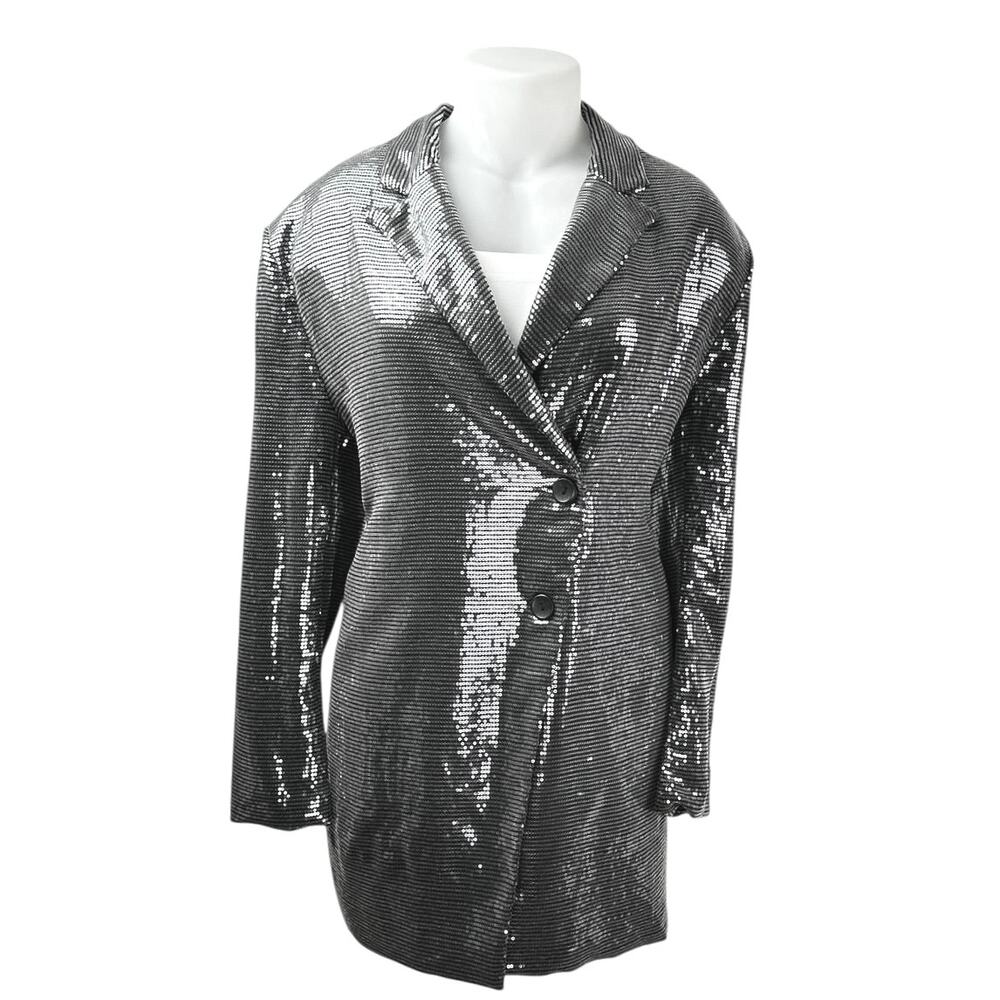 PrettyLittleThing Silver Metallic Sequin Long Sleeve Tuxedo Blazer Mini Dress 16